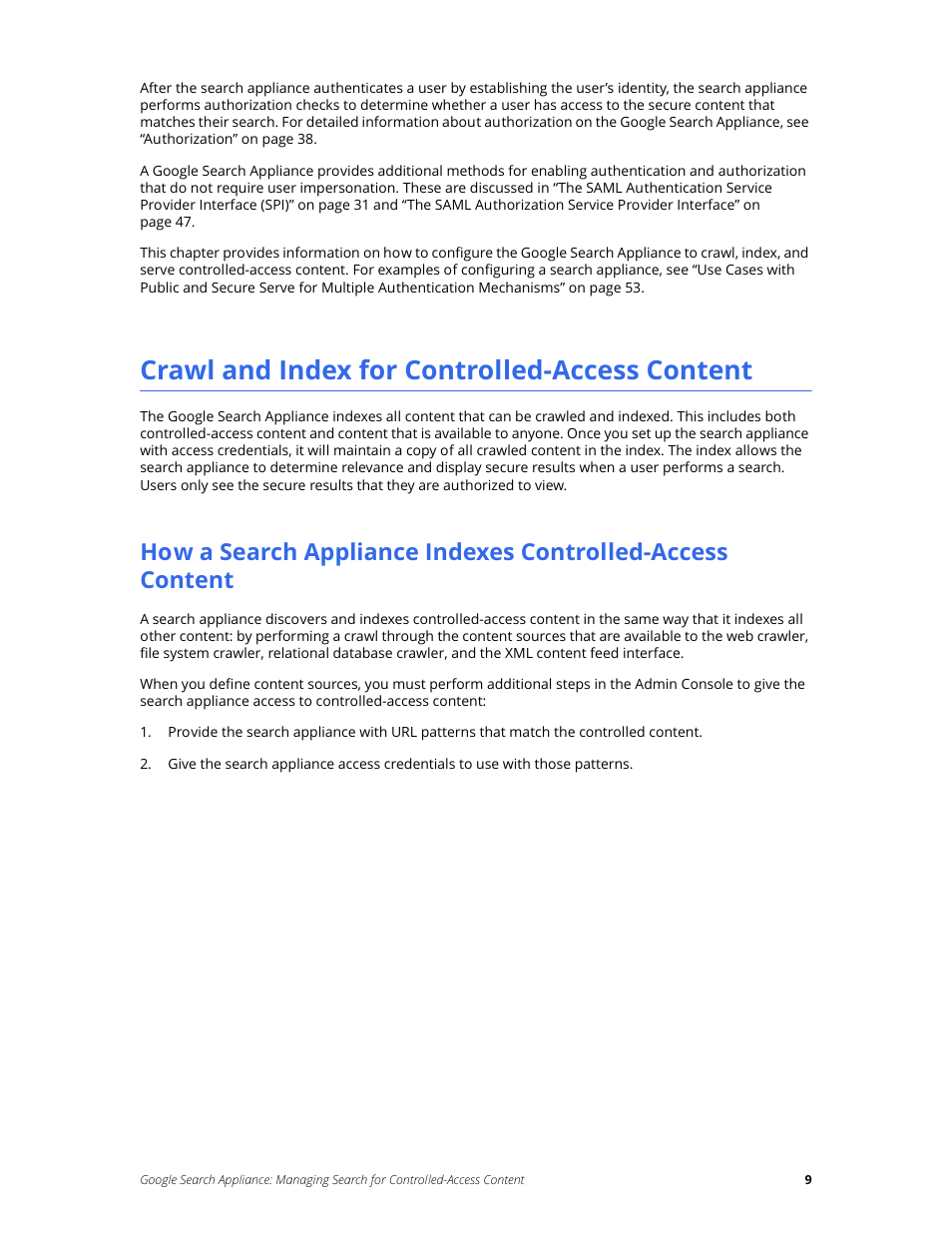 Crawl and index for controlled-access content | Google Search Appliance Managing Search for Controlled-Access Content User Manual | Page 9 / 85