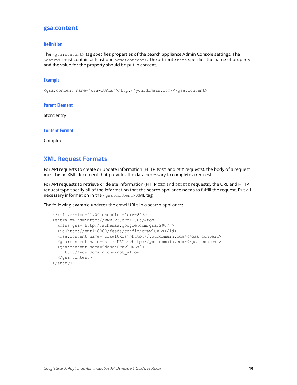 Gsa:content, Xml request formats | Google Search Appliance Administrative API Developers Guide: Protocol User Manual | Page 10 / 77