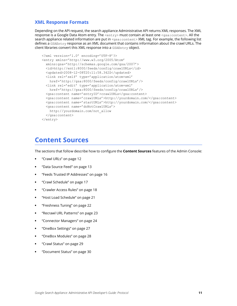 Content sources, Xml response formats | Google Search Appliance Administrative API Developers Guide: Protocol User Manual | Page 11 / 77