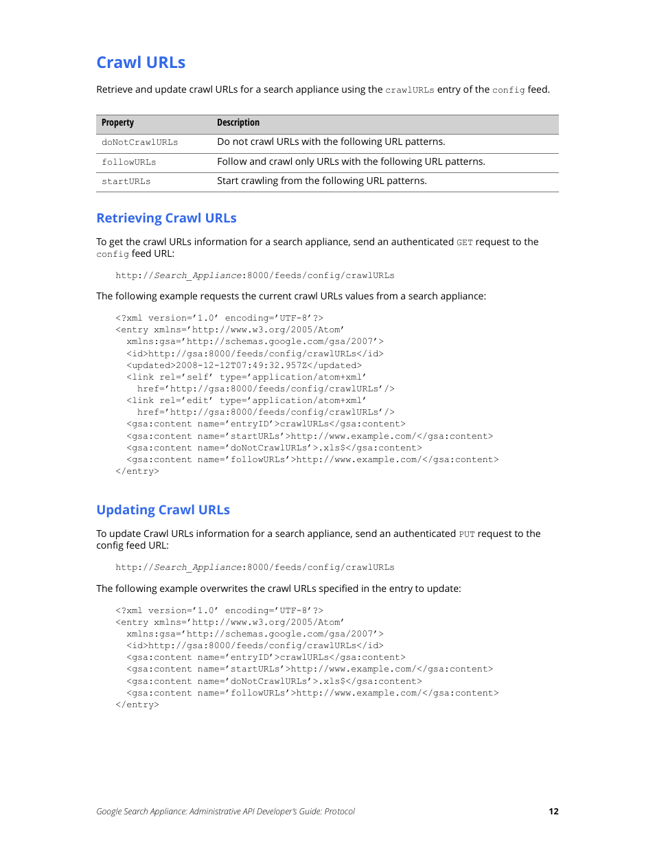 Crawl urls, Retrieving crawl urls, Updating crawl urls | Google Search Appliance Administrative API Developers Guide: Protocol User Manual | Page 12 / 77