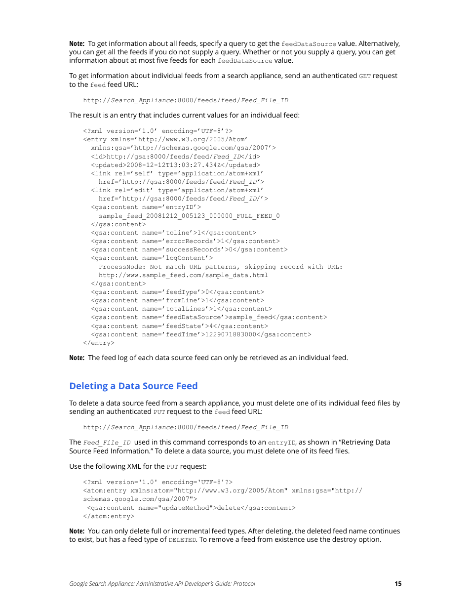 Deleting a data source feed | Google Search Appliance Administrative API Developers Guide: Protocol User Manual | Page 15 / 77