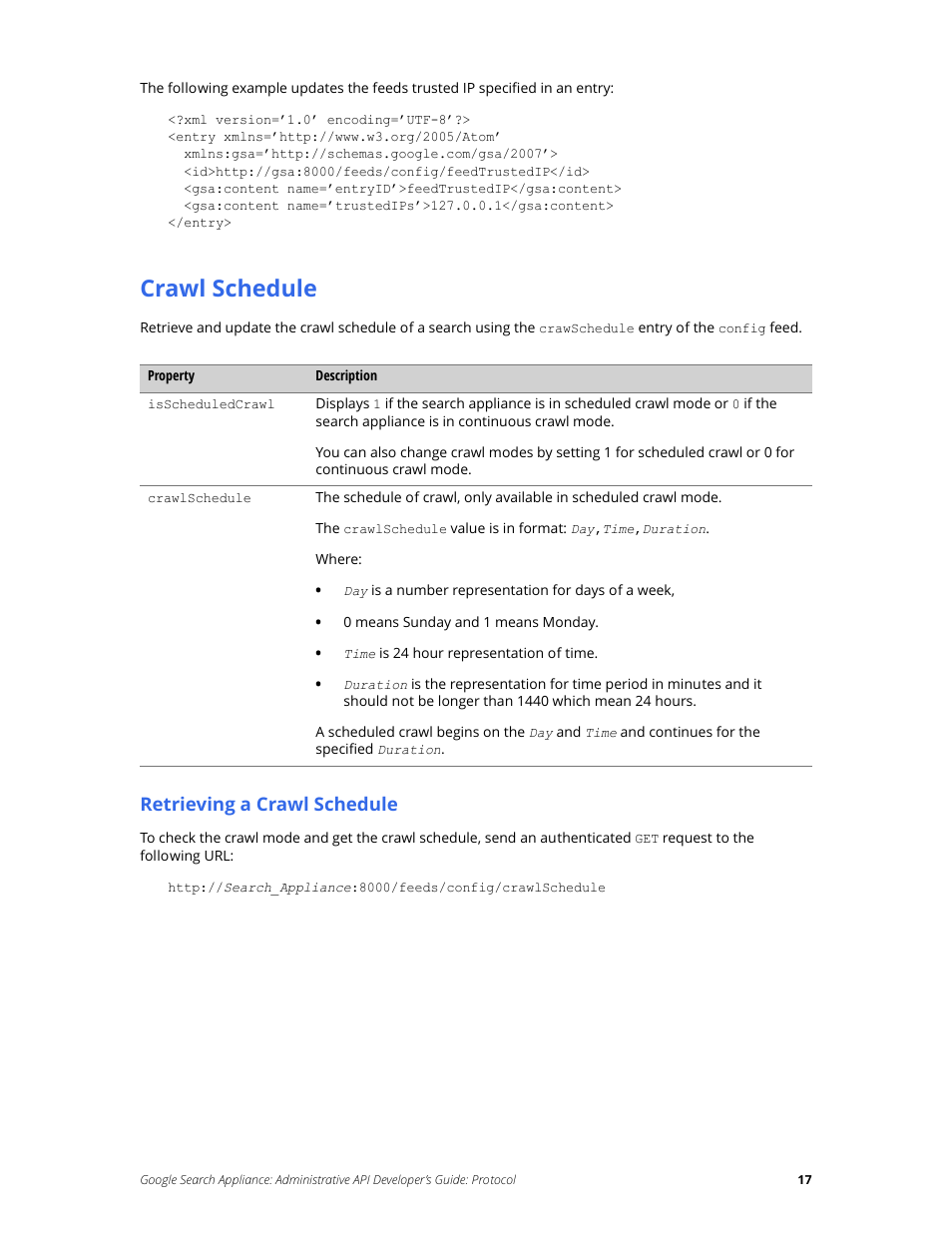 Crawl schedule, Retrieving a crawl schedule | Google Search Appliance Administrative API Developers Guide: Protocol User Manual | Page 17 / 77