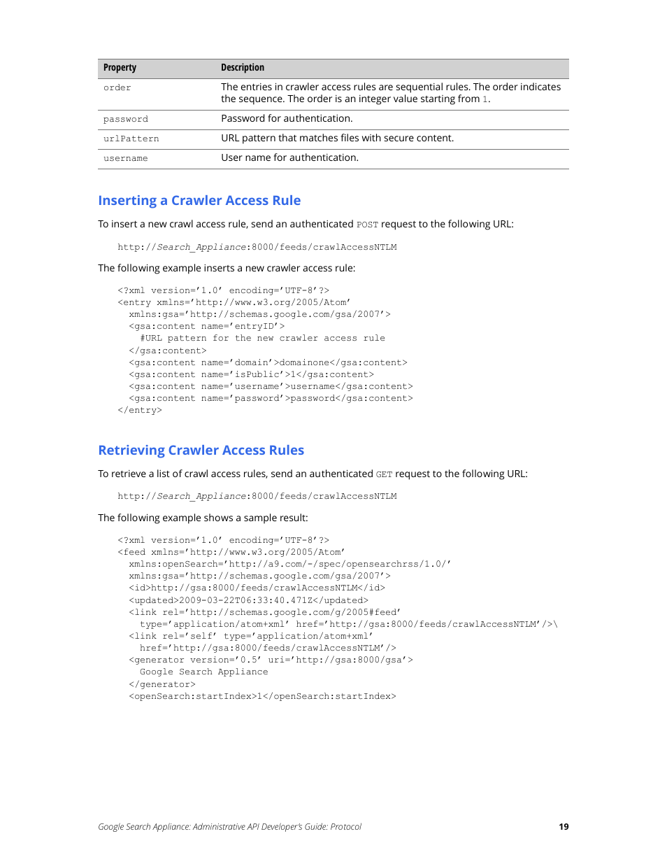 Inserting a crawler access rule, Retrieving crawler access rules | Google Search Appliance Administrative API Developers Guide: Protocol User Manual | Page 19 / 77