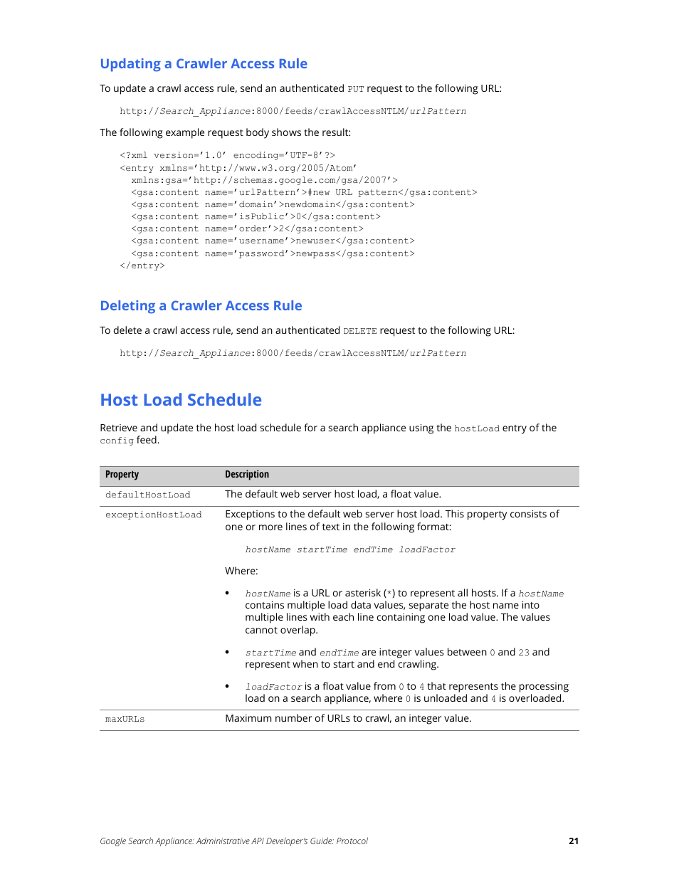 Host load schedule, Updating a crawler access rule, Deleting a crawler access rule | Google Search Appliance Administrative API Developers Guide: Protocol User Manual | Page 21 / 77