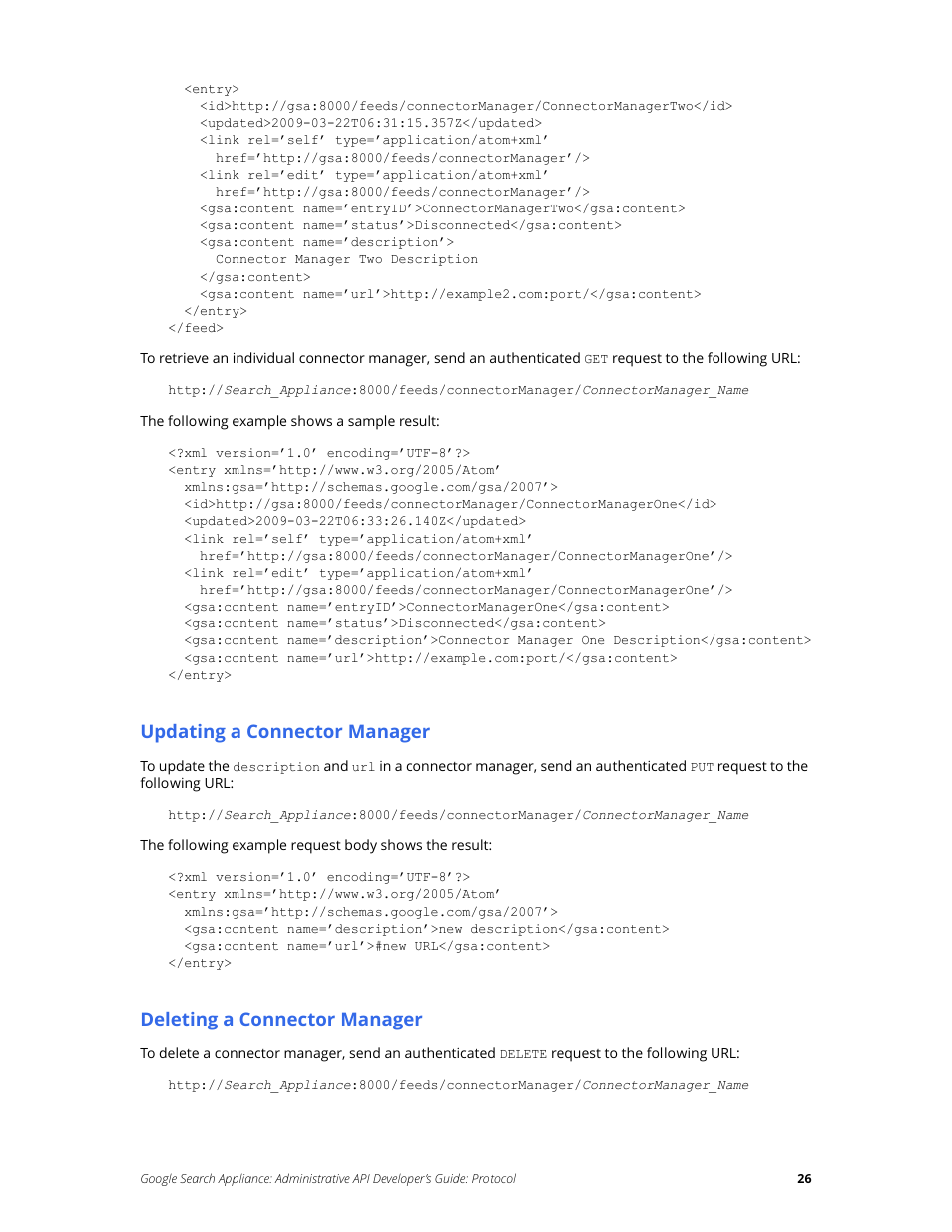 Updating a connector manager, Deleting a connector manager | Google Search Appliance Administrative API Developers Guide: Protocol User Manual | Page 26 / 77