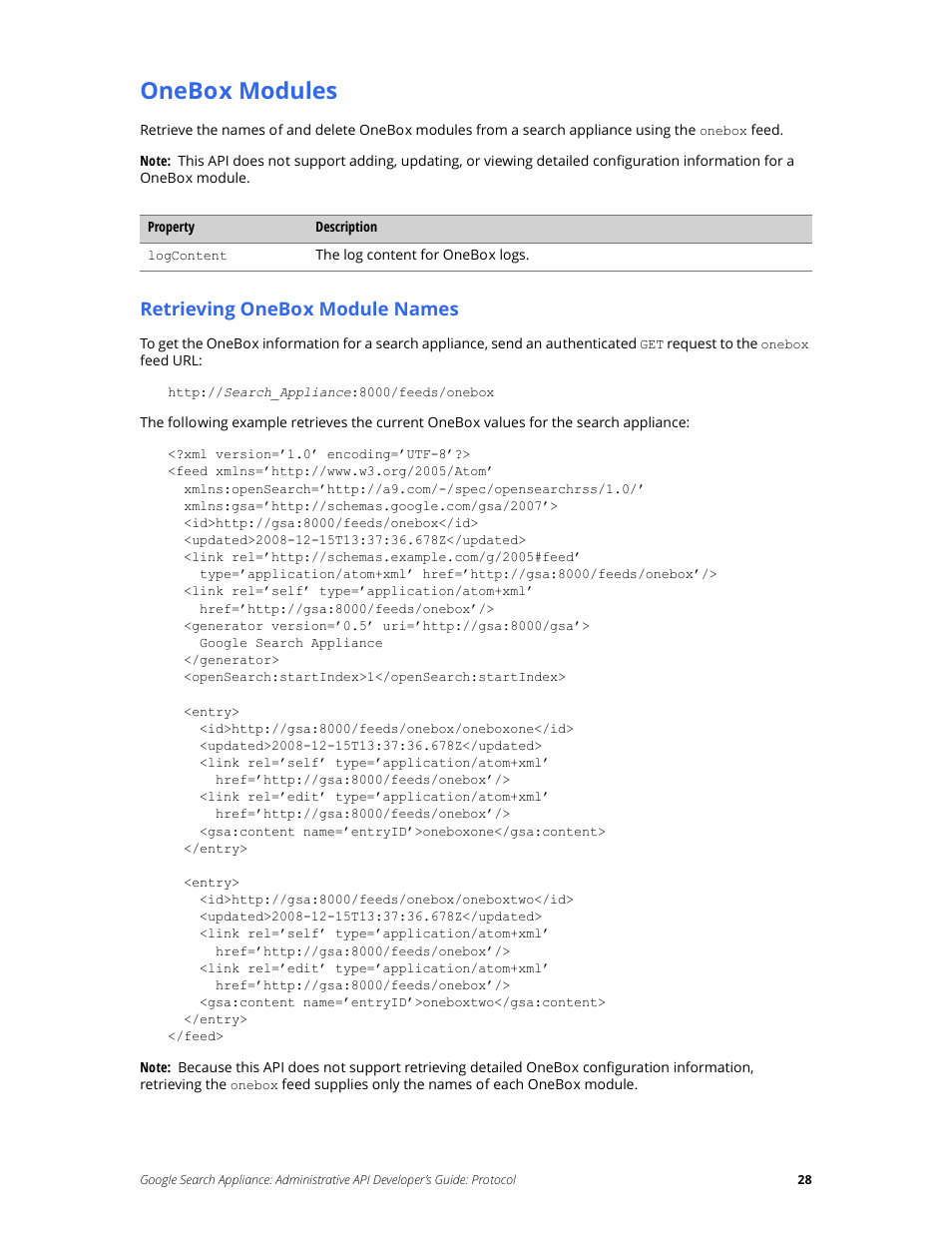 Onebox modules, Retrieving onebox module names | Google Search Appliance Administrative API Developers Guide: Protocol User Manual | Page 28 / 77