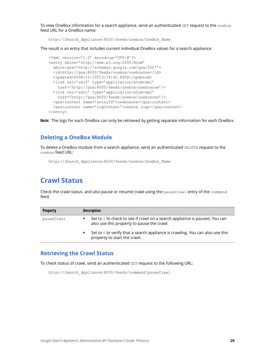 Crawl status, Deleting a onebox module, Retrieving the crawl status | Google Search Appliance Administrative API Developers Guide: Protocol User Manual | Page 29 / 77