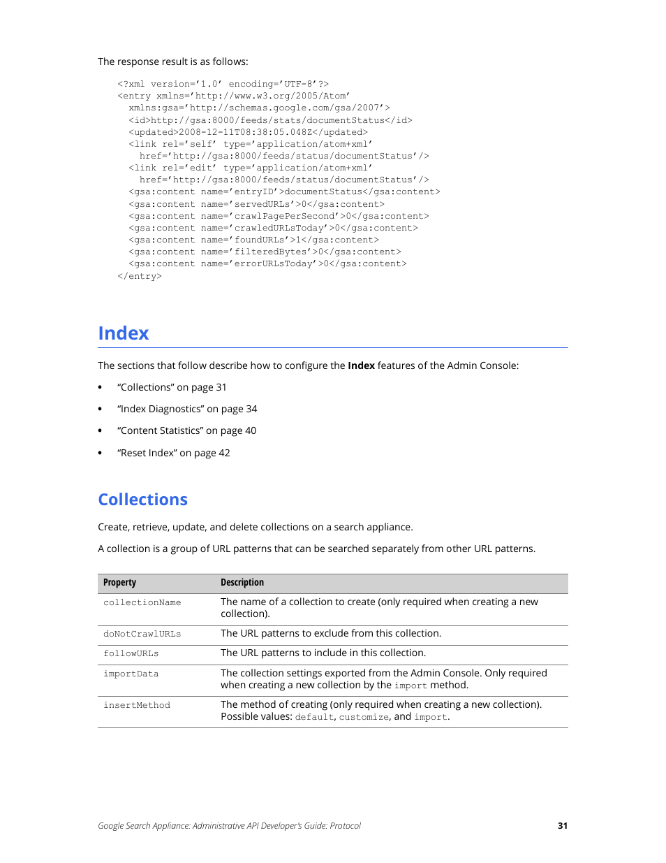 Index, Collections | Google Search Appliance Administrative API Developers Guide: Protocol User Manual | Page 31 / 77