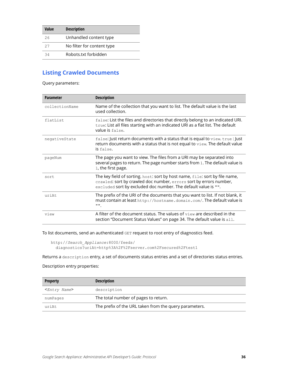 Listing crawled documents | Google Search Appliance Administrative API Developers Guide: Protocol User Manual | Page 36 / 77
