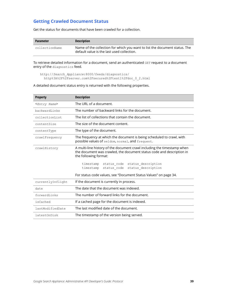 Getting crawled document status | Google Search Appliance Administrative API Developers Guide: Protocol User Manual | Page 39 / 77