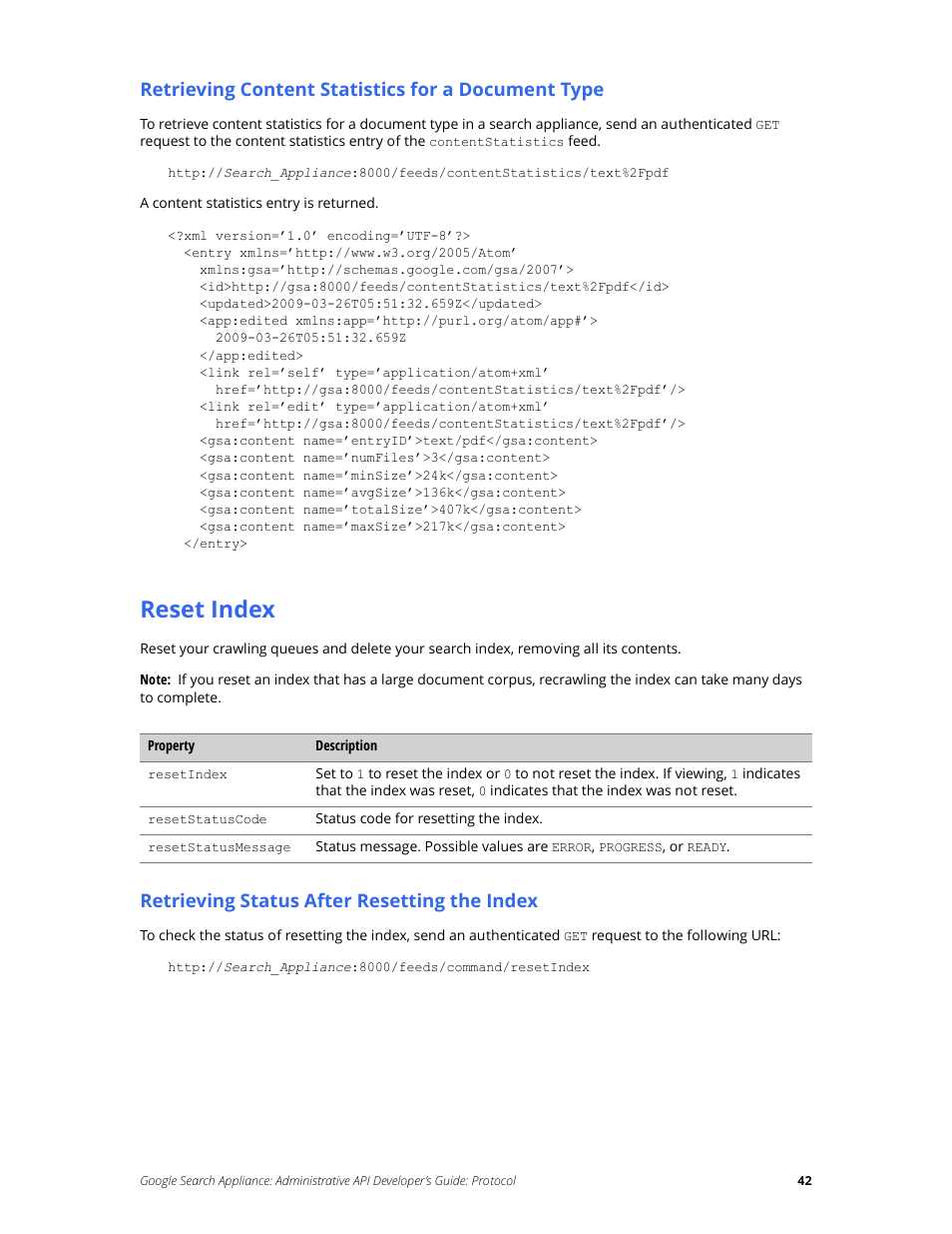 Reset index, Retrieving content statistics for a document type, Retrieving status after resetting the index | Google Search Appliance Administrative API Developers Guide: Protocol User Manual | Page 42 / 77