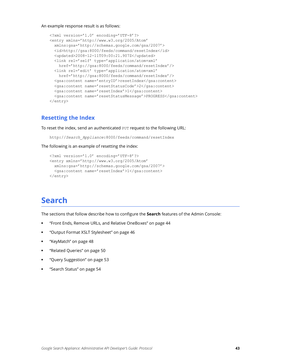 Search, Resetting the index | Google Search Appliance Administrative API Developers Guide: Protocol User Manual | Page 43 / 77