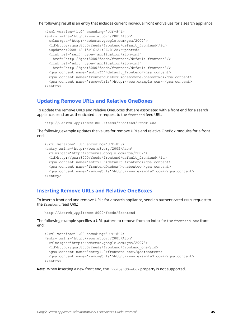 Updating remove urls and relative oneboxes, Inserting remove urls and relative oneboxes | Google Search Appliance Administrative API Developers Guide: Protocol User Manual | Page 45 / 77