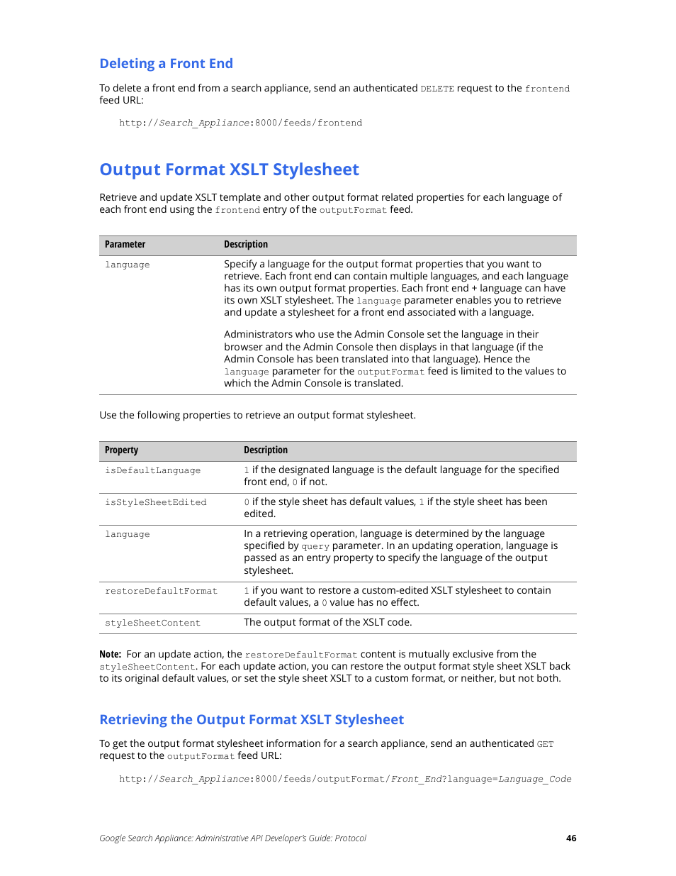 Output format xslt stylesheet, Deleting a front end, Retrieving the output format xslt stylesheet | Google Search Appliance Administrative API Developers Guide: Protocol User Manual | Page 46 / 77