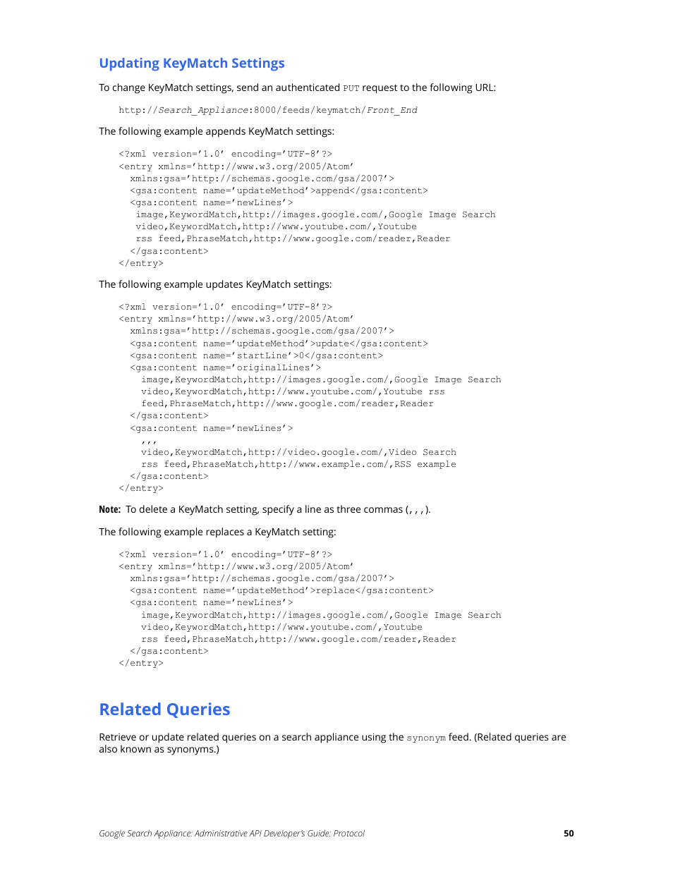 Related queries, Updating keymatch settings | Google Search Appliance Administrative API Developers Guide: Protocol User Manual | Page 50 / 77