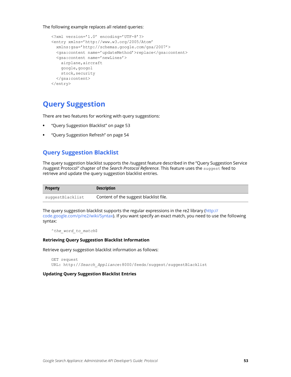 Query suggestion, Query suggestion blacklist | Google Search Appliance Administrative API Developers Guide: Protocol User Manual | Page 53 / 77