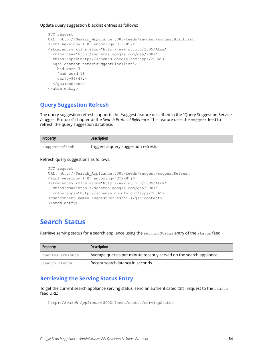 Search status, Query suggestion refresh, Retrieving the serving status entry | Google Search Appliance Administrative API Developers Guide: Protocol User Manual | Page 54 / 77