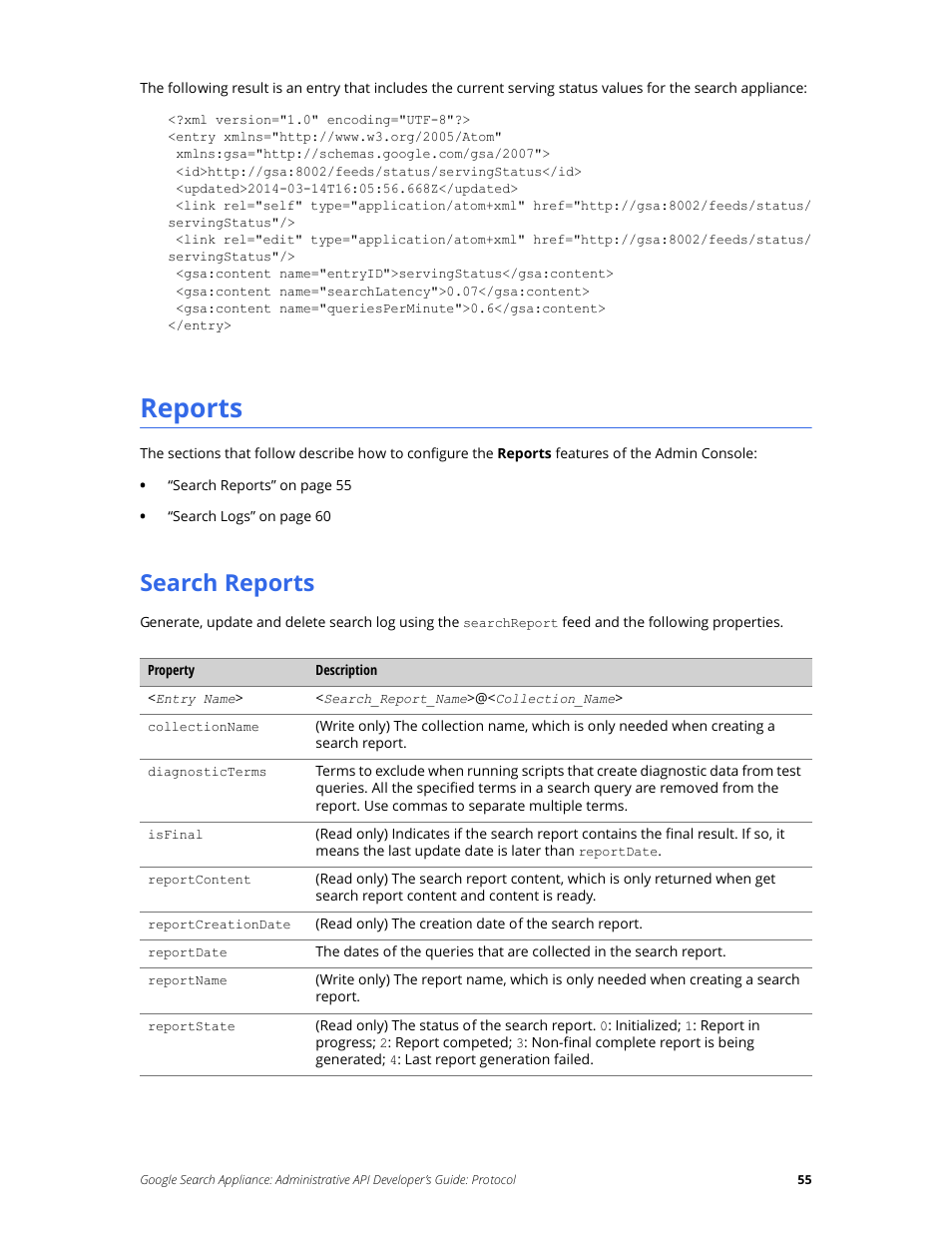 Reports, Search reports | Google Search Appliance Administrative API Developers Guide: Protocol User Manual | Page 55 / 77