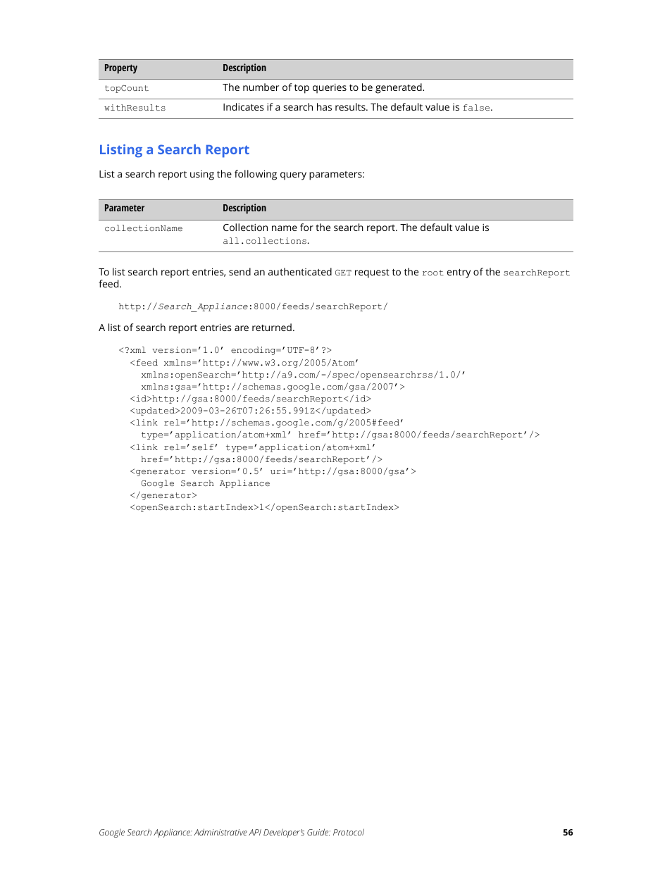 Listing a search report | Google Search Appliance Administrative API Developers Guide: Protocol User Manual | Page 56 / 77