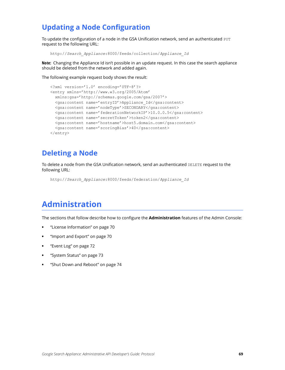Updating a node configuration, Deleting a node, Administration | Google Search Appliance Administrative API Developers Guide: Protocol User Manual | Page 69 / 77