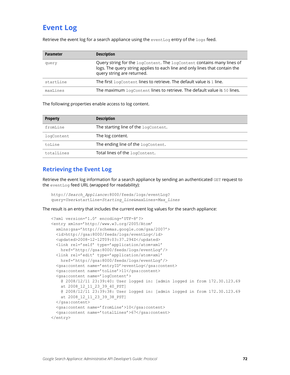 Event log, Retrieving the event log | Google Search Appliance Administrative API Developers Guide: Protocol User Manual | Page 72 / 77