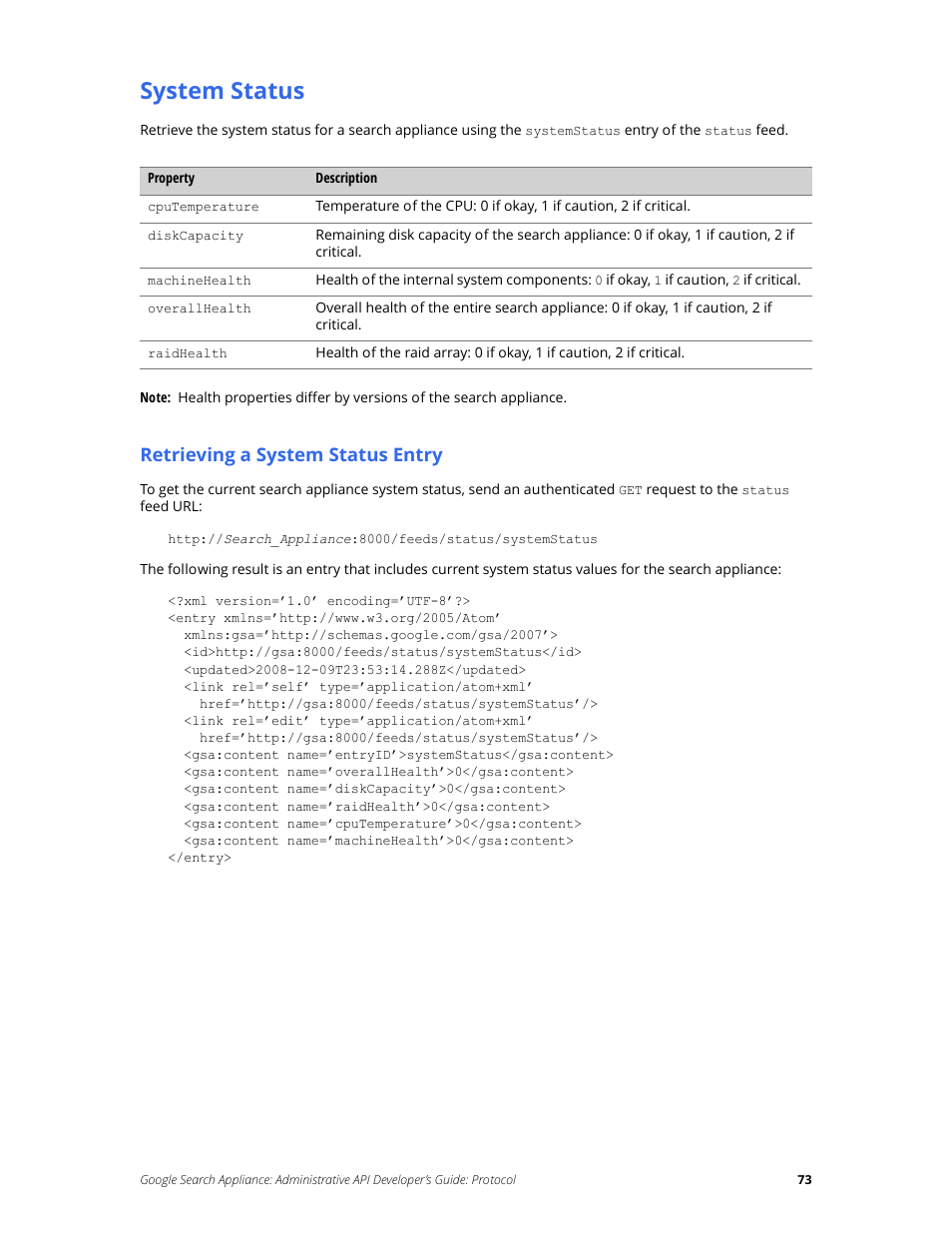 System status, Retrieving a system status entry | Google Search Appliance Administrative API Developers Guide: Protocol User Manual | Page 73 / 77
