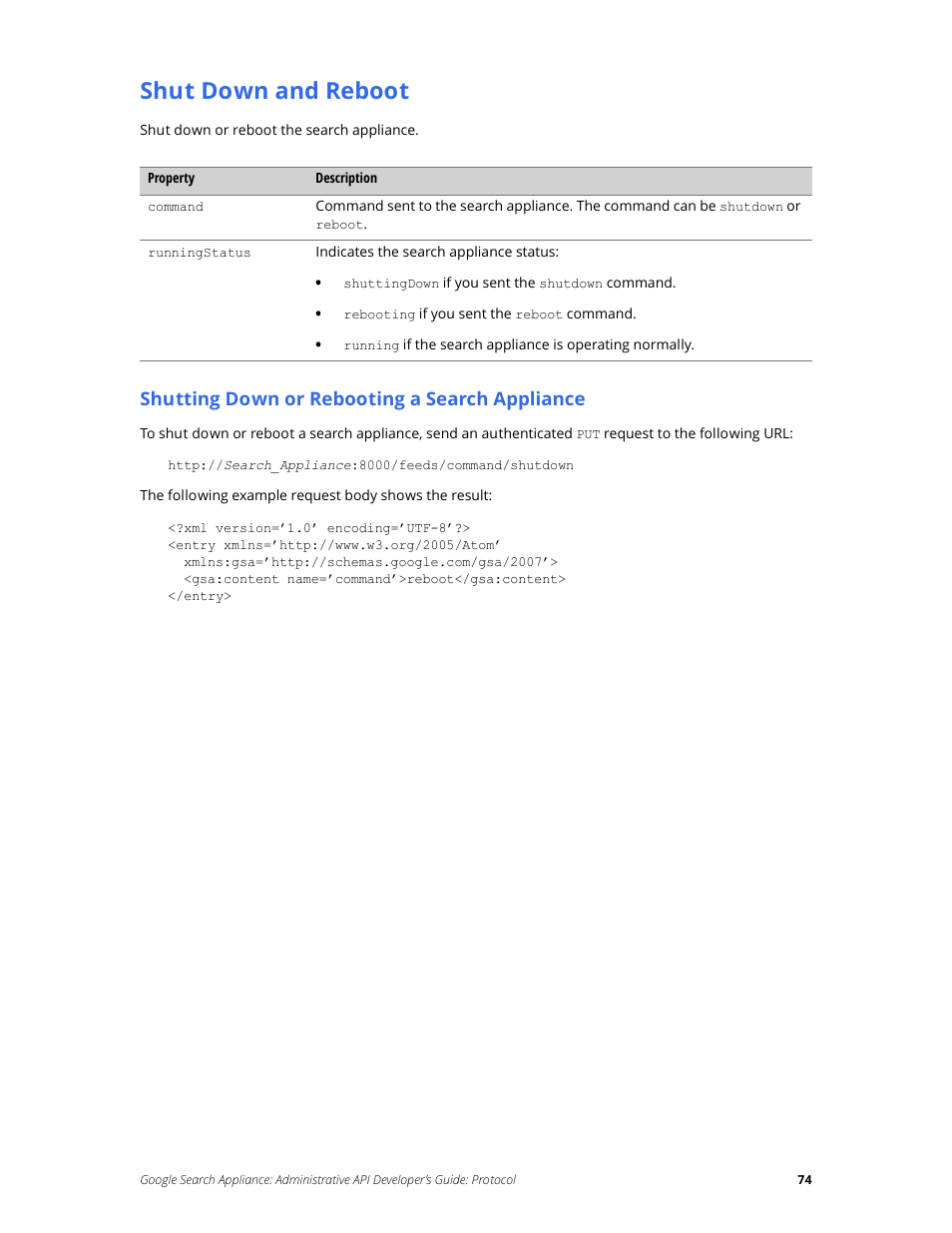 Shut down and reboot, Shutting down or rebooting a search appliance | Google Search Appliance Administrative API Developers Guide: Protocol User Manual | Page 74 / 77