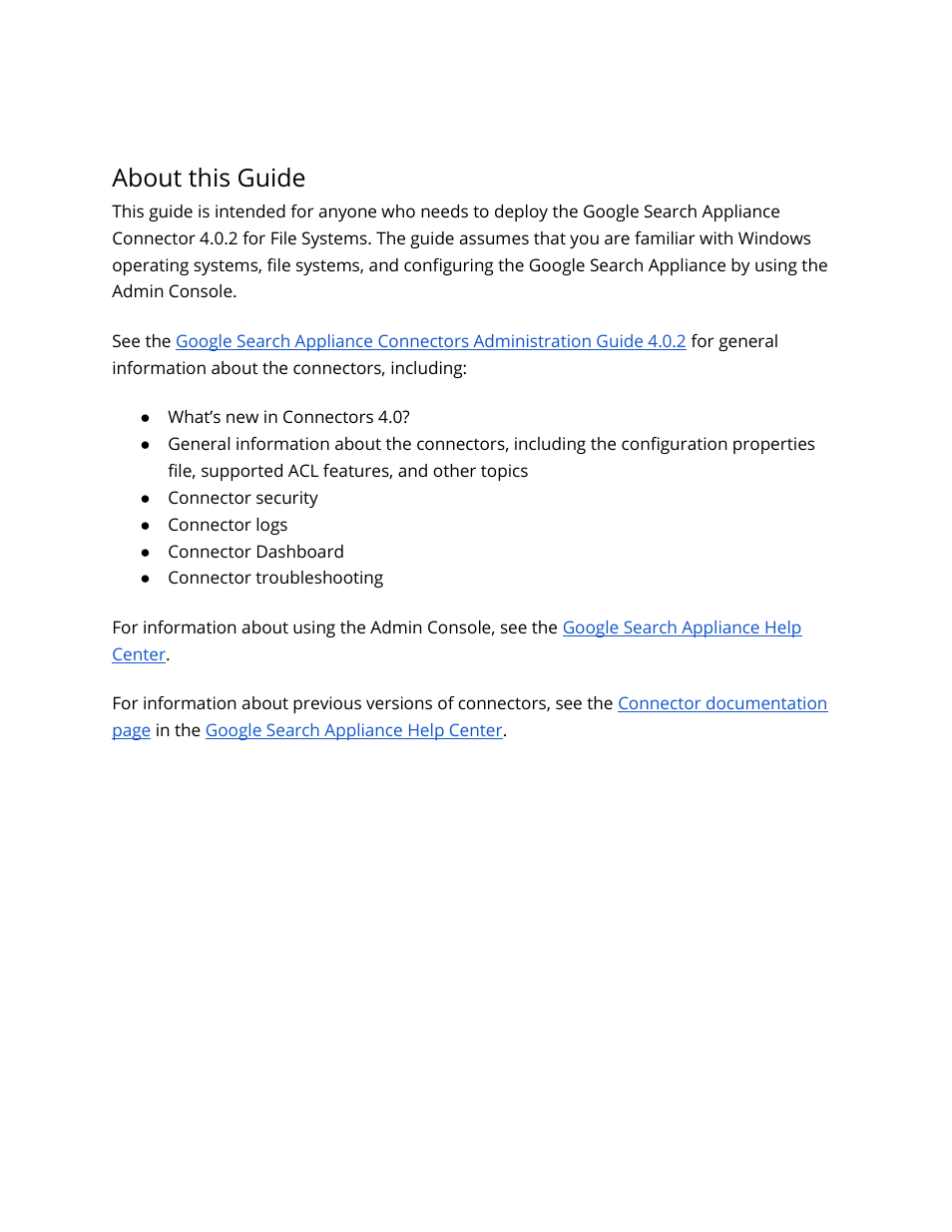 About this guide | Google Search Appliance Connectors Deploying the Connector for File Systems User Manual | Page 3 / 13