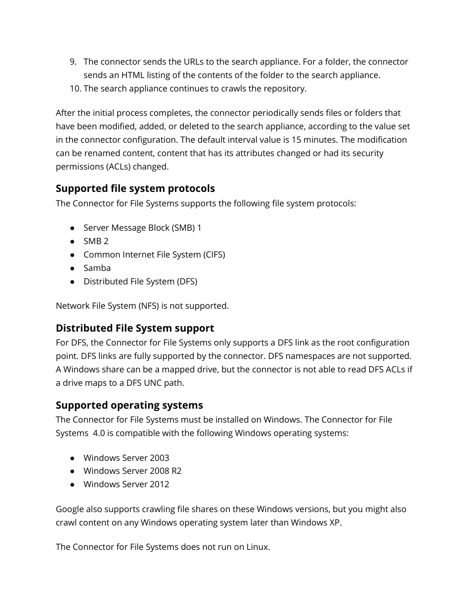 Supported file system protocols, Distributed file system support, Supported operating systems | Google Search Appliance Connectors Deploying the Connector for File Systems User Manual | Page 5 / 13