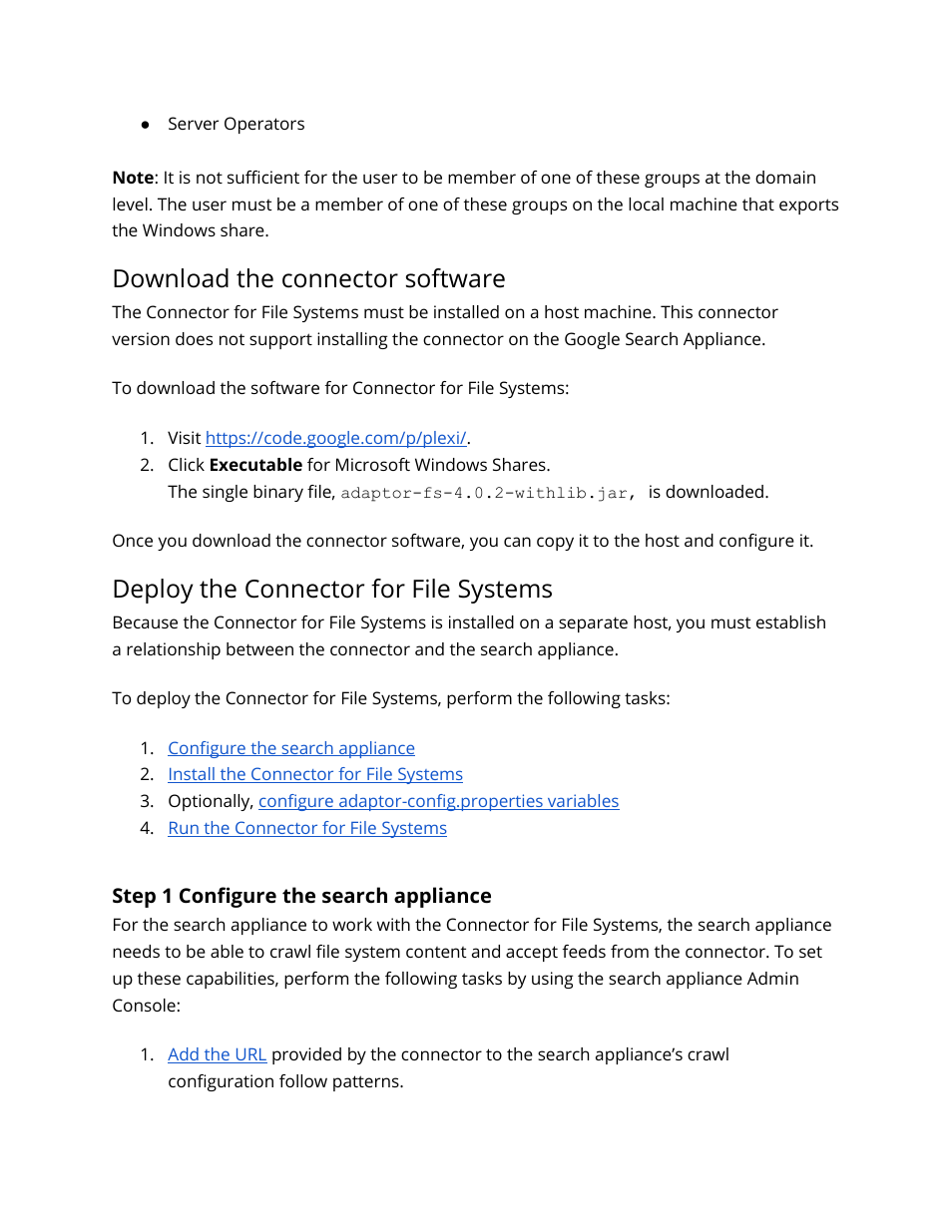 Download the connector software, Deploy the connector for file systems, Step 1 configure the search appliance | Download the connector, Software | Google Search Appliance Connectors Deploying the Connector for File Systems User Manual | Page 7 / 13