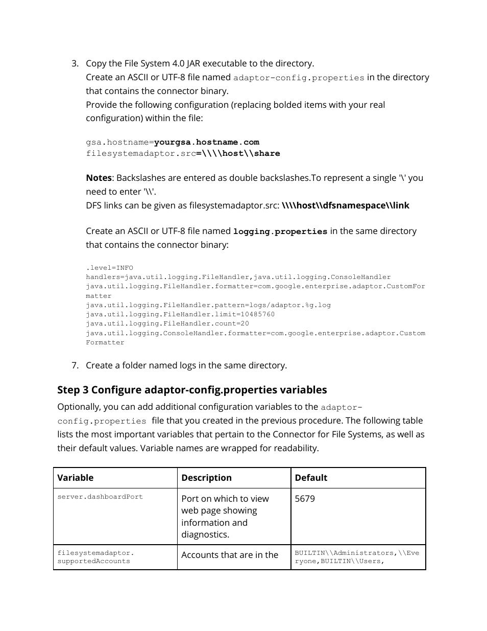 Configure adaptor-config.properties variables | Google Search Appliance Connectors Deploying the Connector for File Systems User Manual | Page 9 / 13