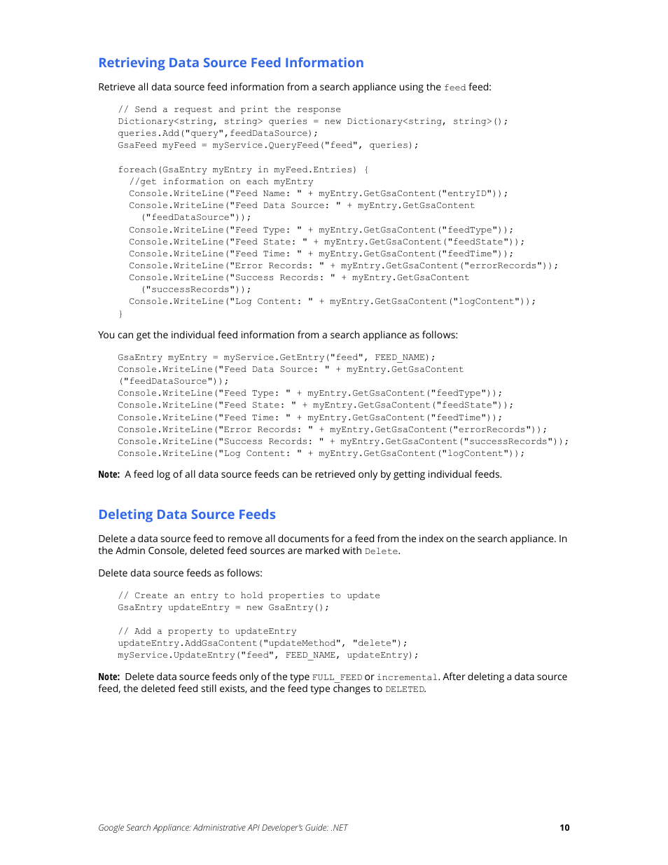 Retrieving data source feed information, Deleting data source feeds | Google Search Appliance Administrative API Developers Guide: .NET User Manual | Page 10 / 55