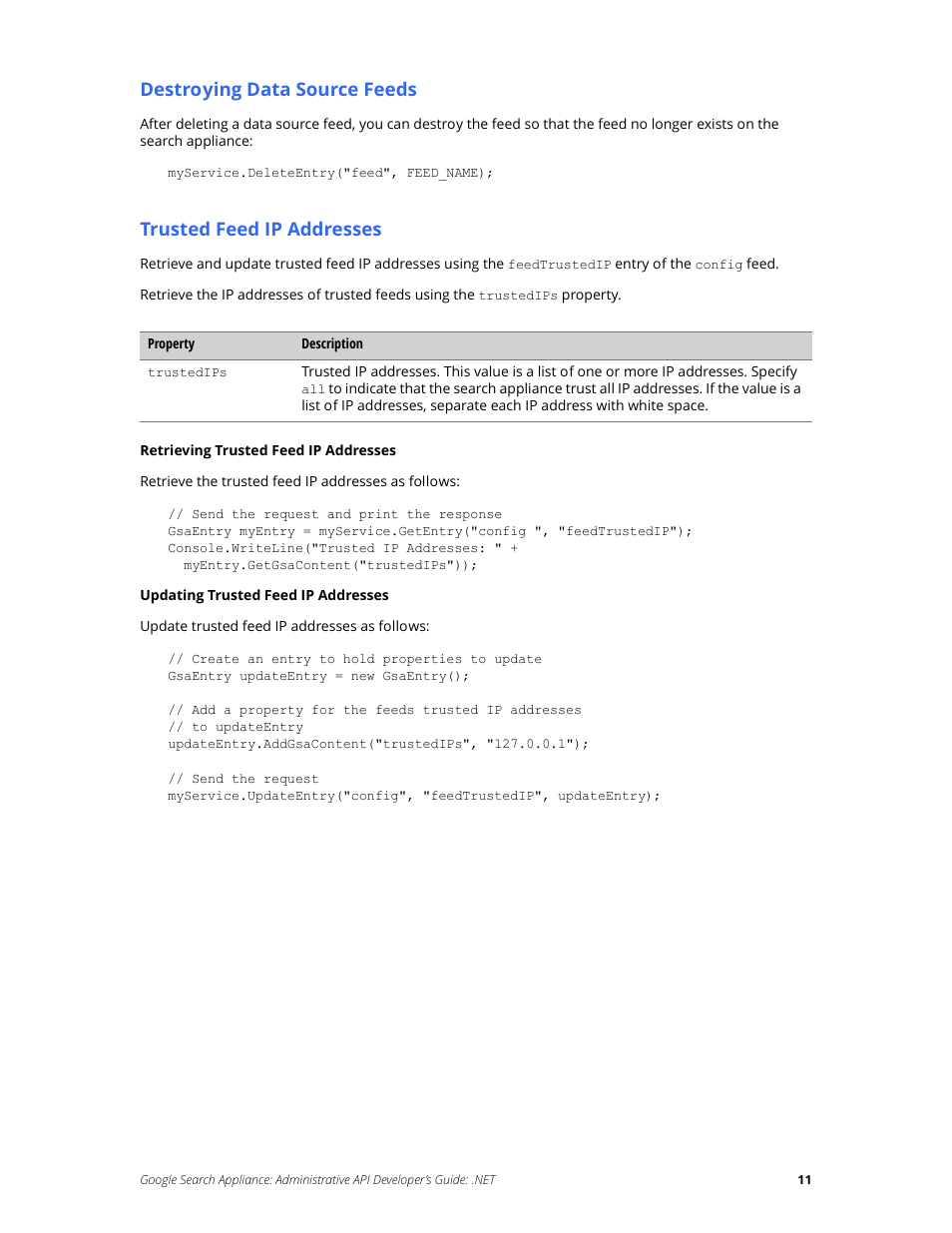 Destroying data source feeds, Trusted feed ip addresses | Google Search Appliance Administrative API Developers Guide: .NET User Manual | Page 11 / 55