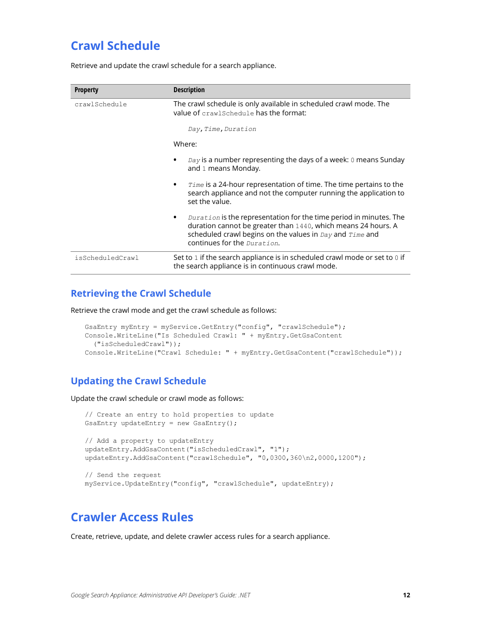 Crawl schedule, Crawler access rules | Google Search Appliance Administrative API Developers Guide: .NET User Manual | Page 12 / 55