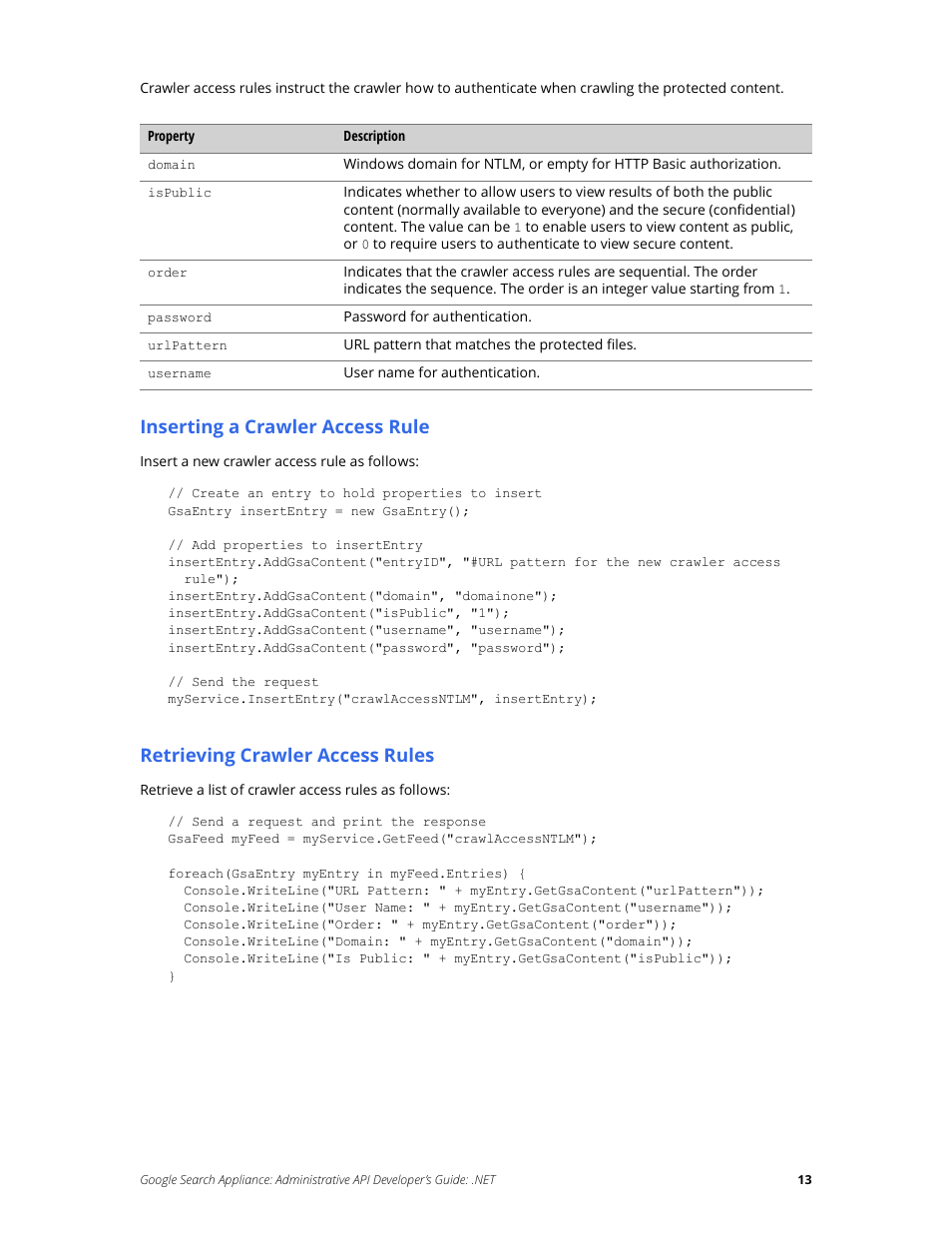 Inserting a crawler access rule, Retrieving crawler access rules | Google Search Appliance Administrative API Developers Guide: .NET User Manual | Page 13 / 55