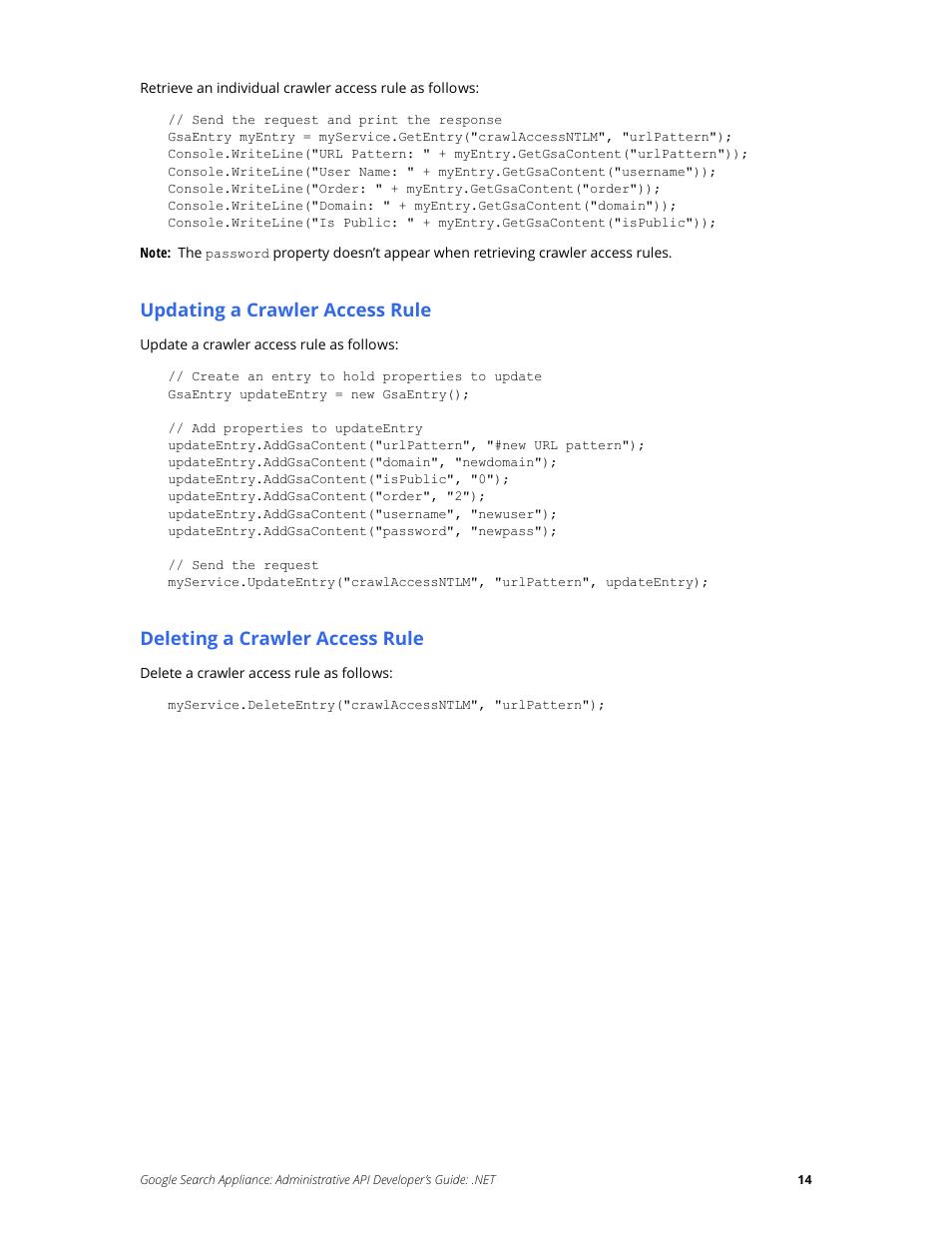 Updating a crawler access rule, Deleting a crawler access rule | Google Search Appliance Administrative API Developers Guide: .NET User Manual | Page 14 / 55