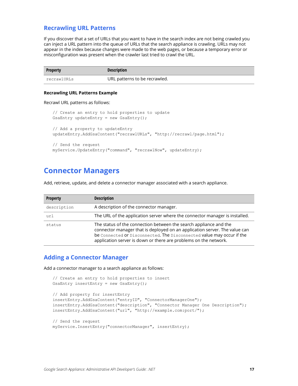 Connector managers, Recrawling url patterns, Adding a connector manager | Google Search Appliance Administrative API Developers Guide: .NET User Manual | Page 17 / 55