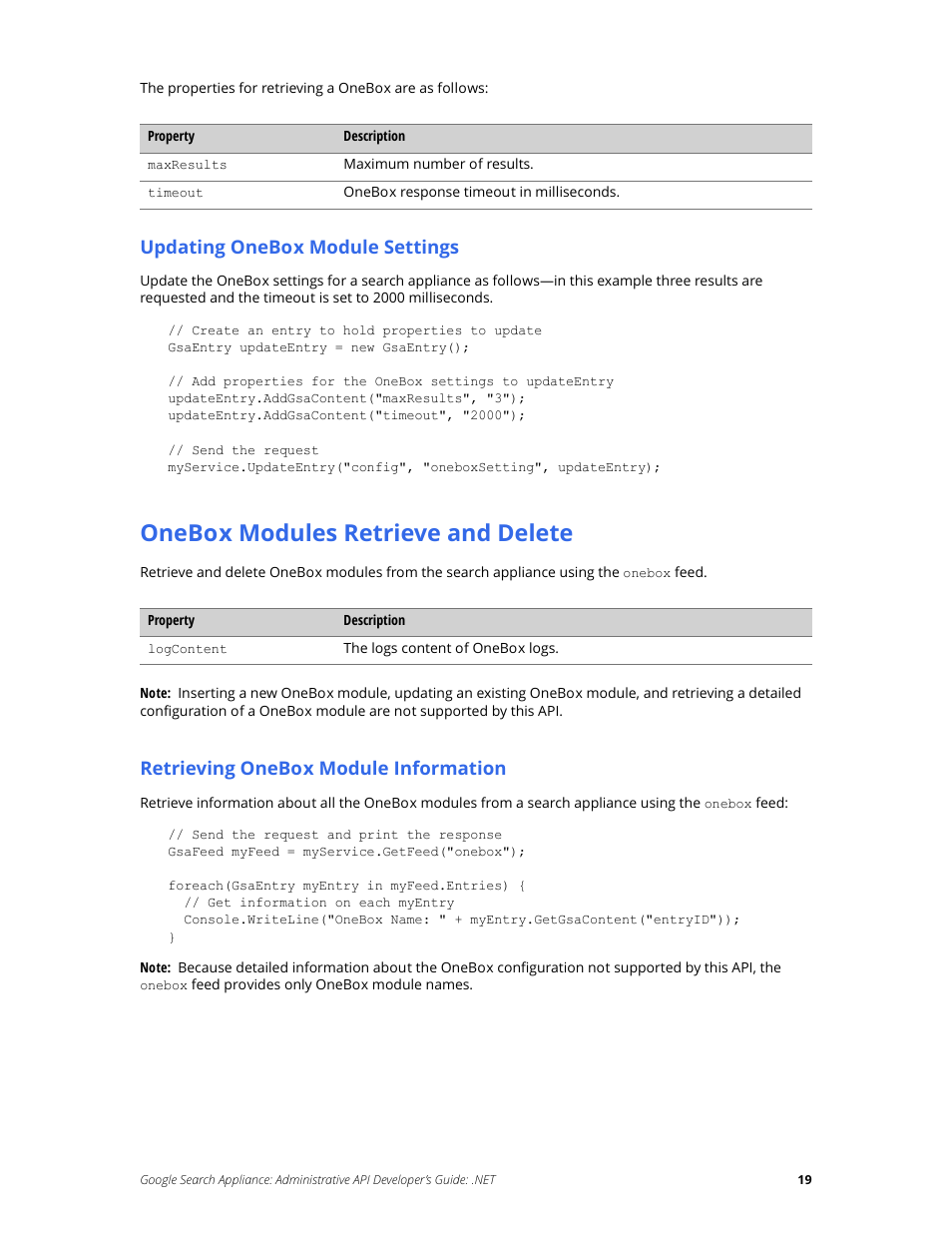 Onebox modules retrieve and delete, Updating onebox module settings, Retrieving onebox module information | Google Search Appliance Administrative API Developers Guide: .NET User Manual | Page 19 / 55