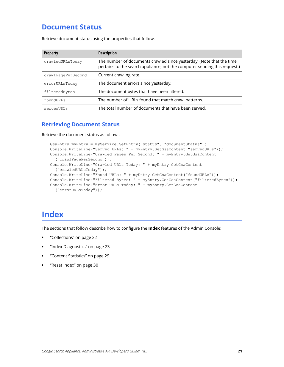 Document status, Index | Google Search Appliance Administrative API Developers Guide: .NET User Manual | Page 21 / 55