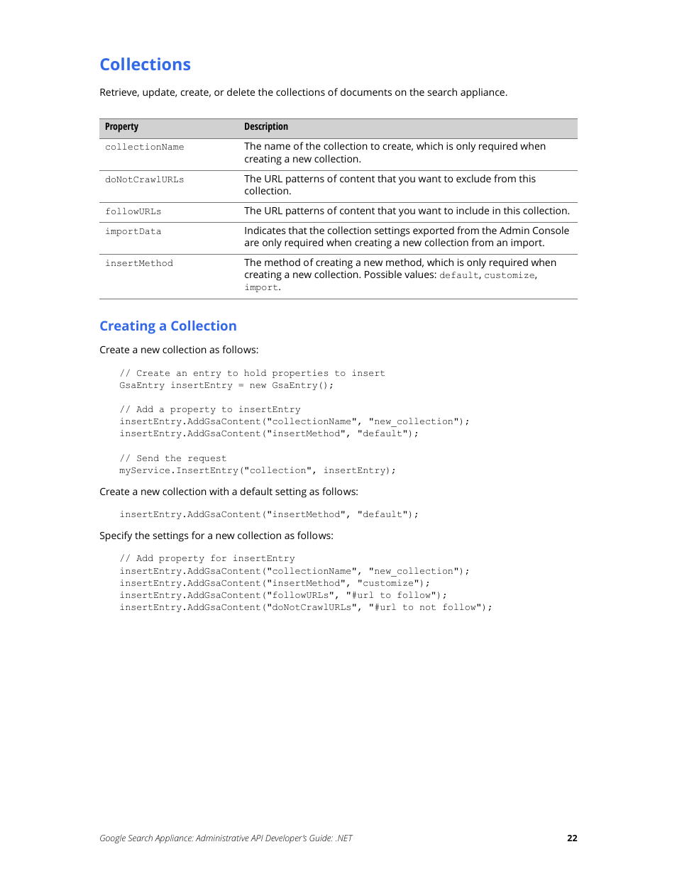 Collections, Creating a collection | Google Search Appliance Administrative API Developers Guide: .NET User Manual | Page 22 / 55
