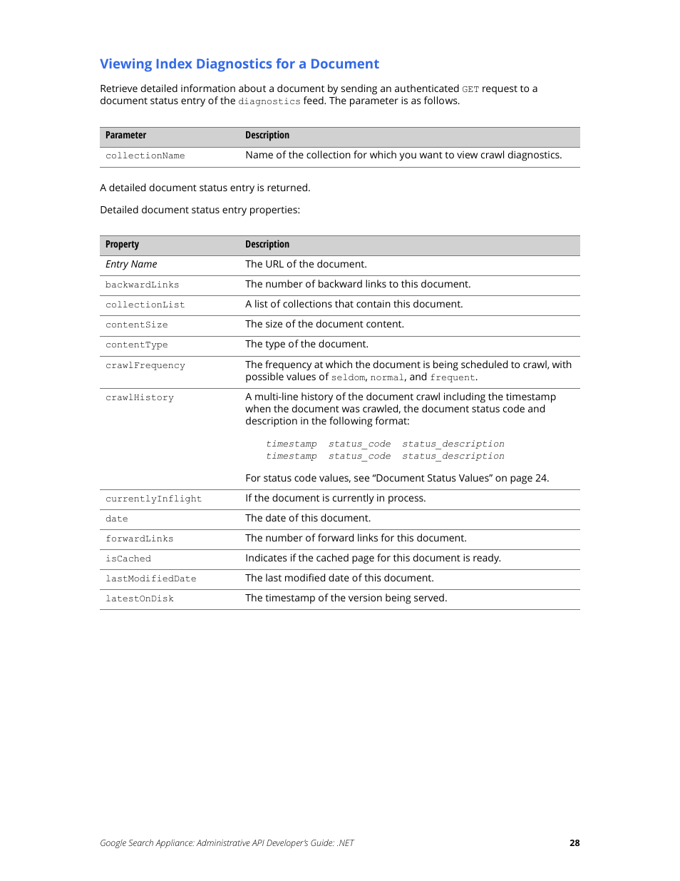 Viewing index diagnostics for a document | Google Search Appliance Administrative API Developers Guide: .NET User Manual | Page 28 / 55