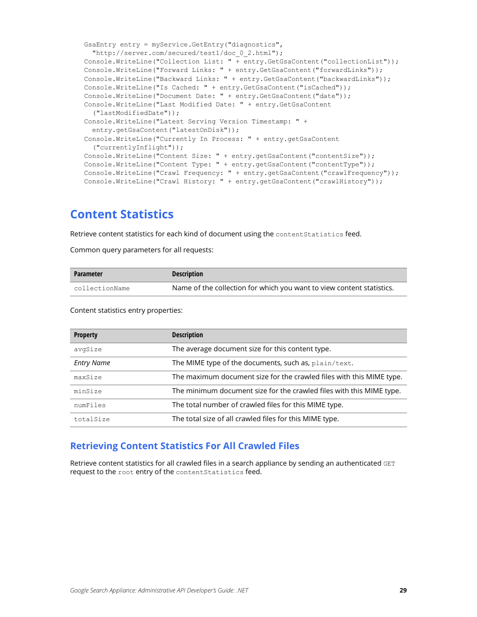 Content statistics | Google Search Appliance Administrative API Developers Guide: .NET User Manual | Page 29 / 55