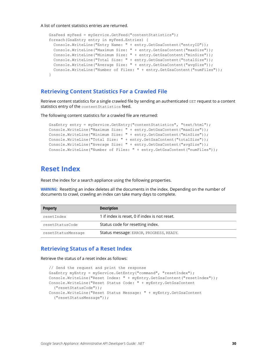 Reset index, Retrieving content statistics for a crawled file, Retrieving status of a reset index | Google Search Appliance Administrative API Developers Guide: .NET User Manual | Page 30 / 55