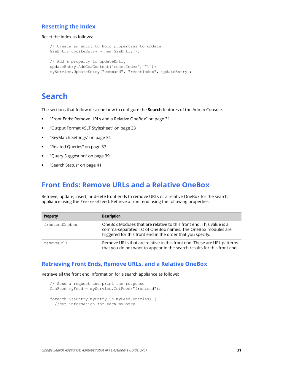 Search, Front ends: remove urls and a relative onebox | Google Search Appliance Administrative API Developers Guide: .NET User Manual | Page 31 / 55