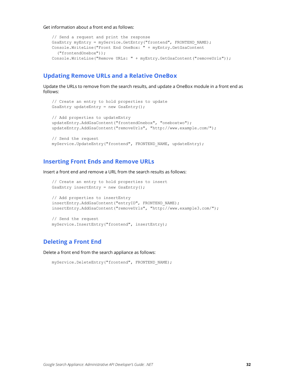 Updating remove urls and a relative onebox, Inserting front ends and remove urls, Deleting a front end | Google Search Appliance Administrative API Developers Guide: .NET User Manual | Page 32 / 55