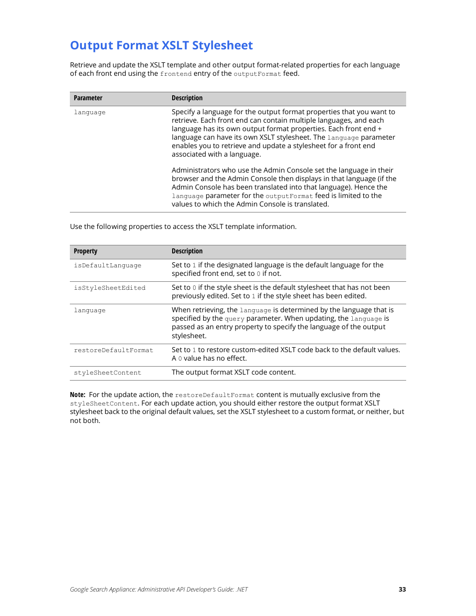 Output format xslt stylesheet | Google Search Appliance Administrative API Developers Guide: .NET User Manual | Page 33 / 55