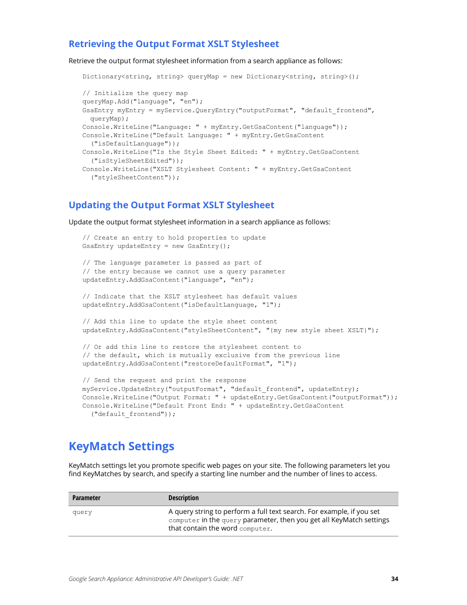 Keymatch settings, Retrieving the output format xslt stylesheet, Updating the output format xslt stylesheet | Google Search Appliance Administrative API Developers Guide: .NET User Manual | Page 34 / 55