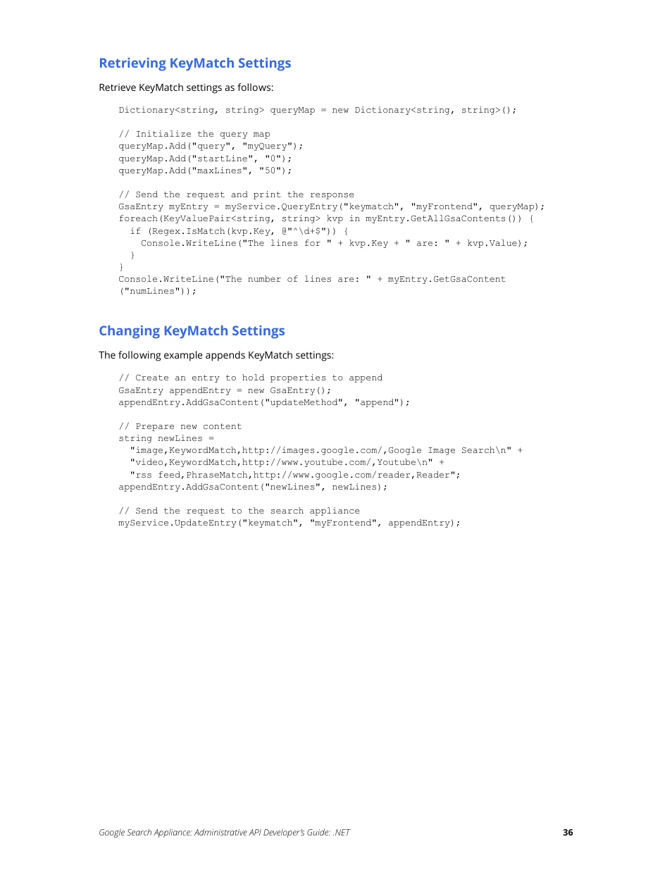 Retrieving keymatch settings, Changing keymatch settings | Google Search Appliance Administrative API Developers Guide: .NET User Manual | Page 36 / 55
