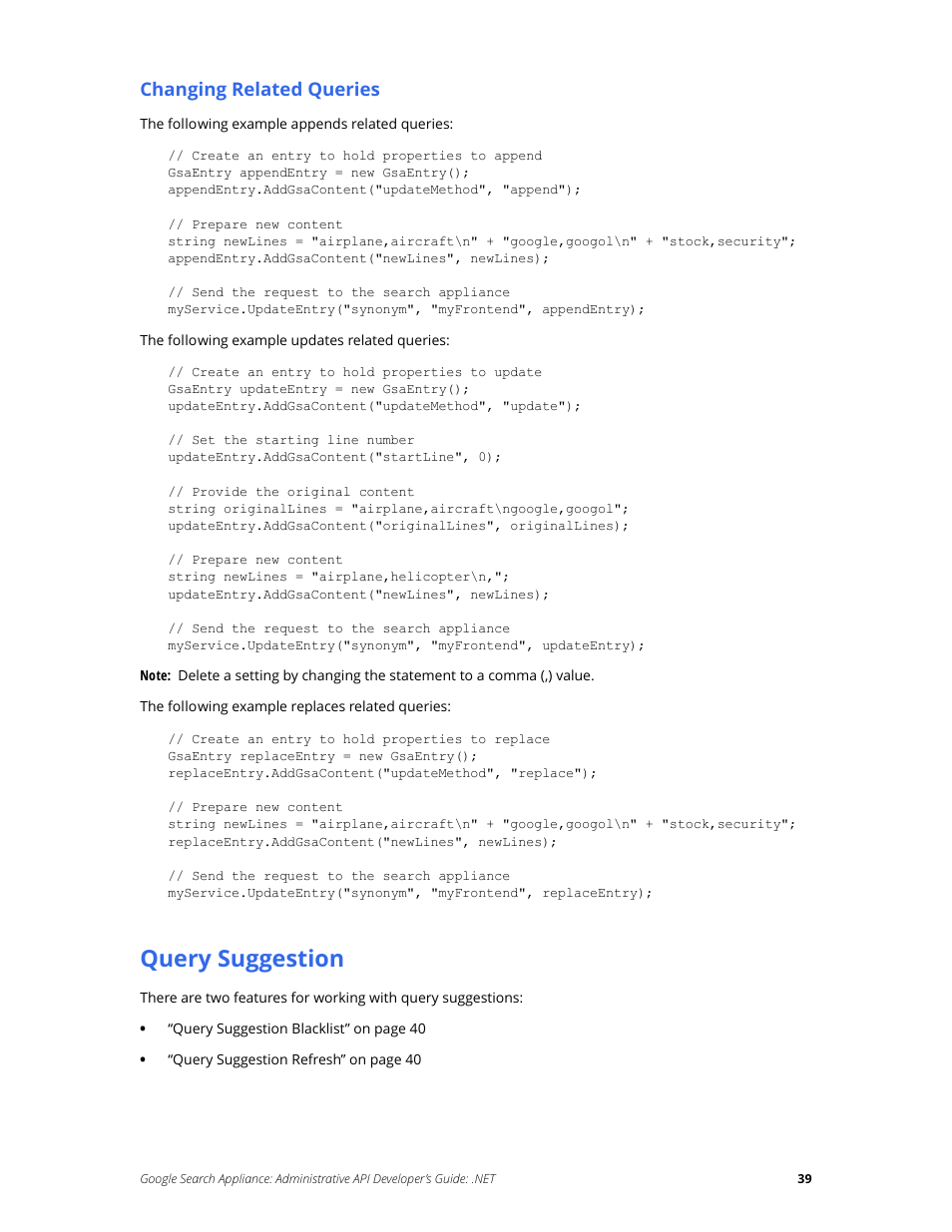 Query suggestion, Changing related queries | Google Search Appliance Administrative API Developers Guide: .NET User Manual | Page 39 / 55