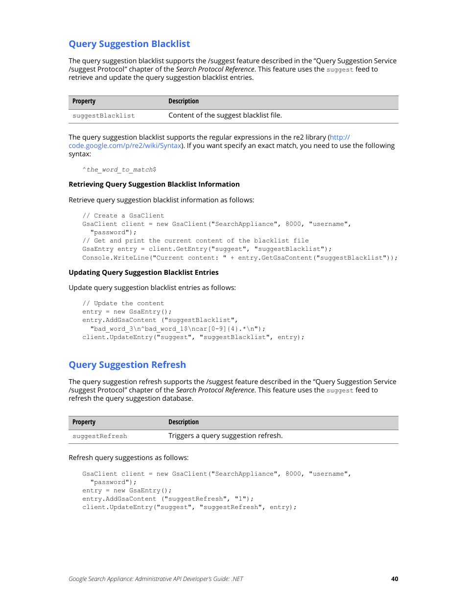 Query suggestion blacklist, Query suggestion refresh | Google Search Appliance Administrative API Developers Guide: .NET User Manual | Page 40 / 55